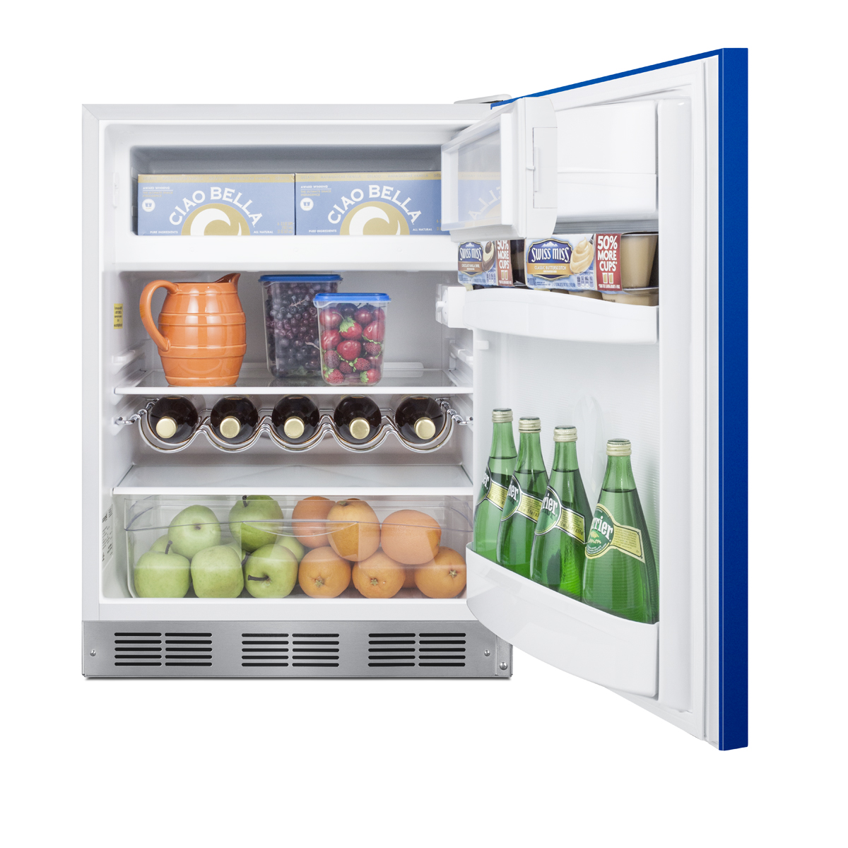 24 in. wide refrigerator-freezer for residential use with a cobalt blue door, stainless steel handle, and black cabinet
